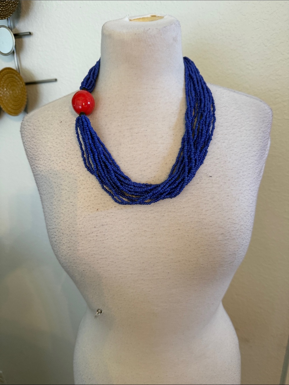 Multi-Strand Blue Beaded Necklace with Red Accent